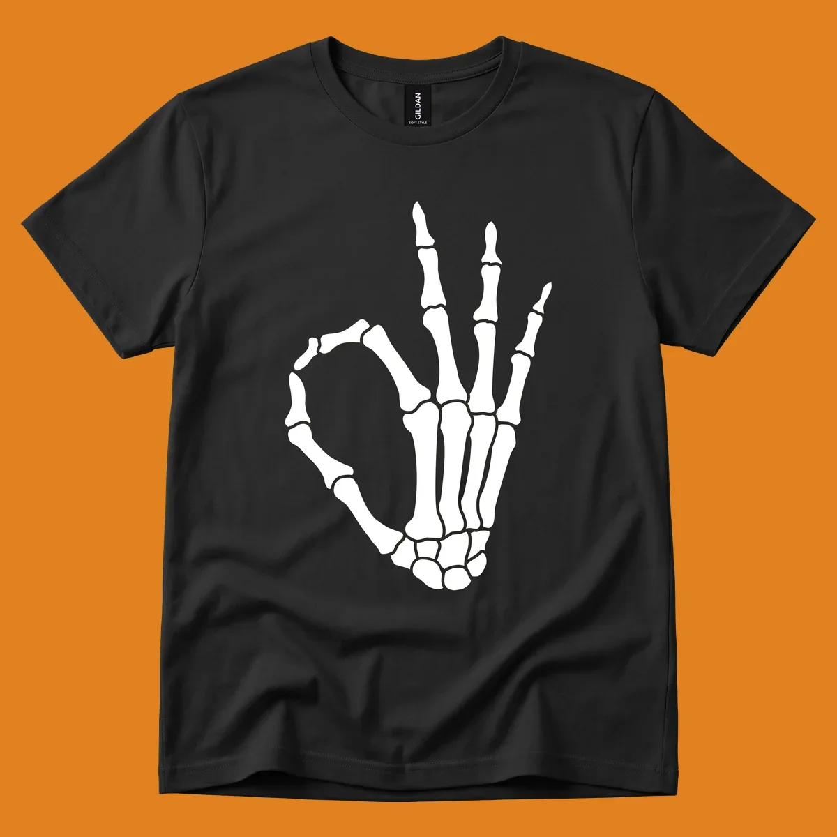 A white skeleton hand forms the 'okay' sign, with thumb and index finger creating a circle. A minimalist skeleton-hand-okay-sign.