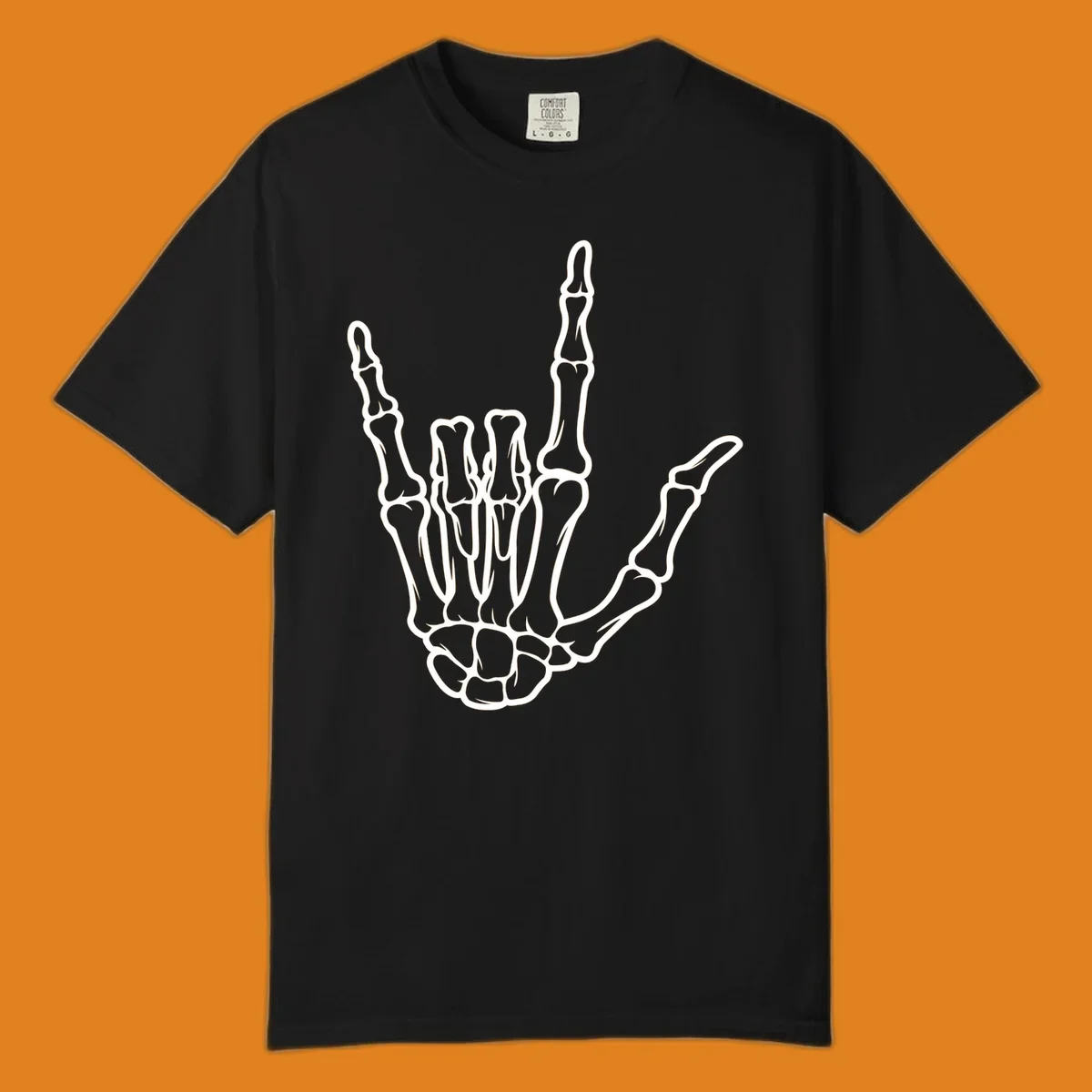 A white skeletal hand making the 'I Love You' sign, showing detailed finger bones and a clear outline. (skeleton-i-love-you-sign)