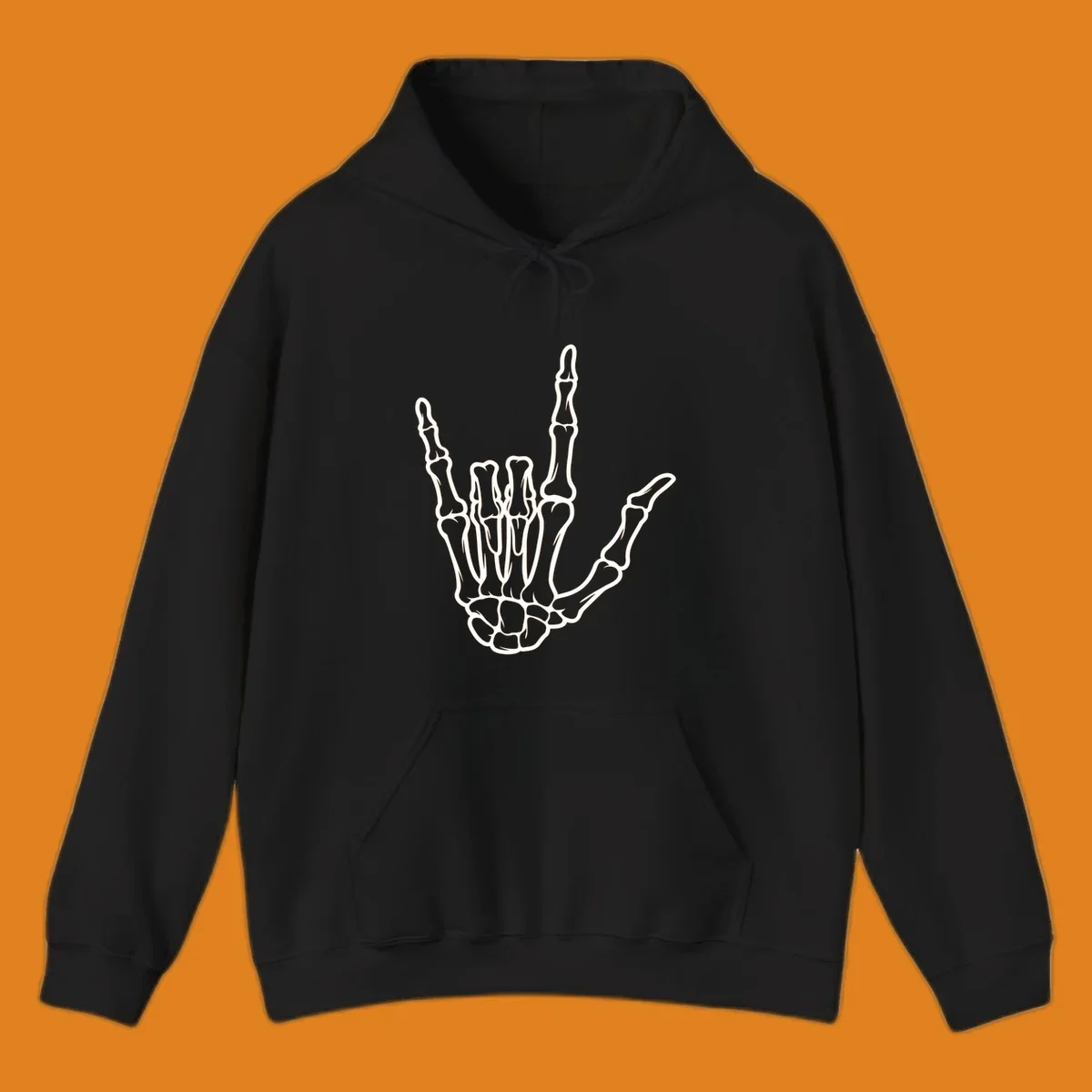 A white skeletal hand making the 'I Love You' sign, showing detailed finger bones and a clear outline. (skeleton-i-love-you-sign)
