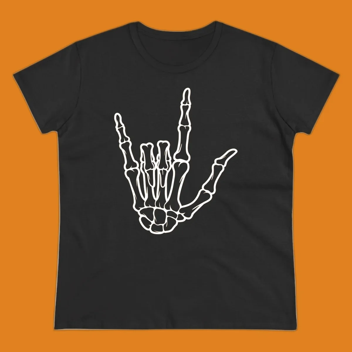 A white skeletal hand making the 'I Love You' sign, showing detailed finger bones and a clear outline. (skeleton-i-love-you-sign)