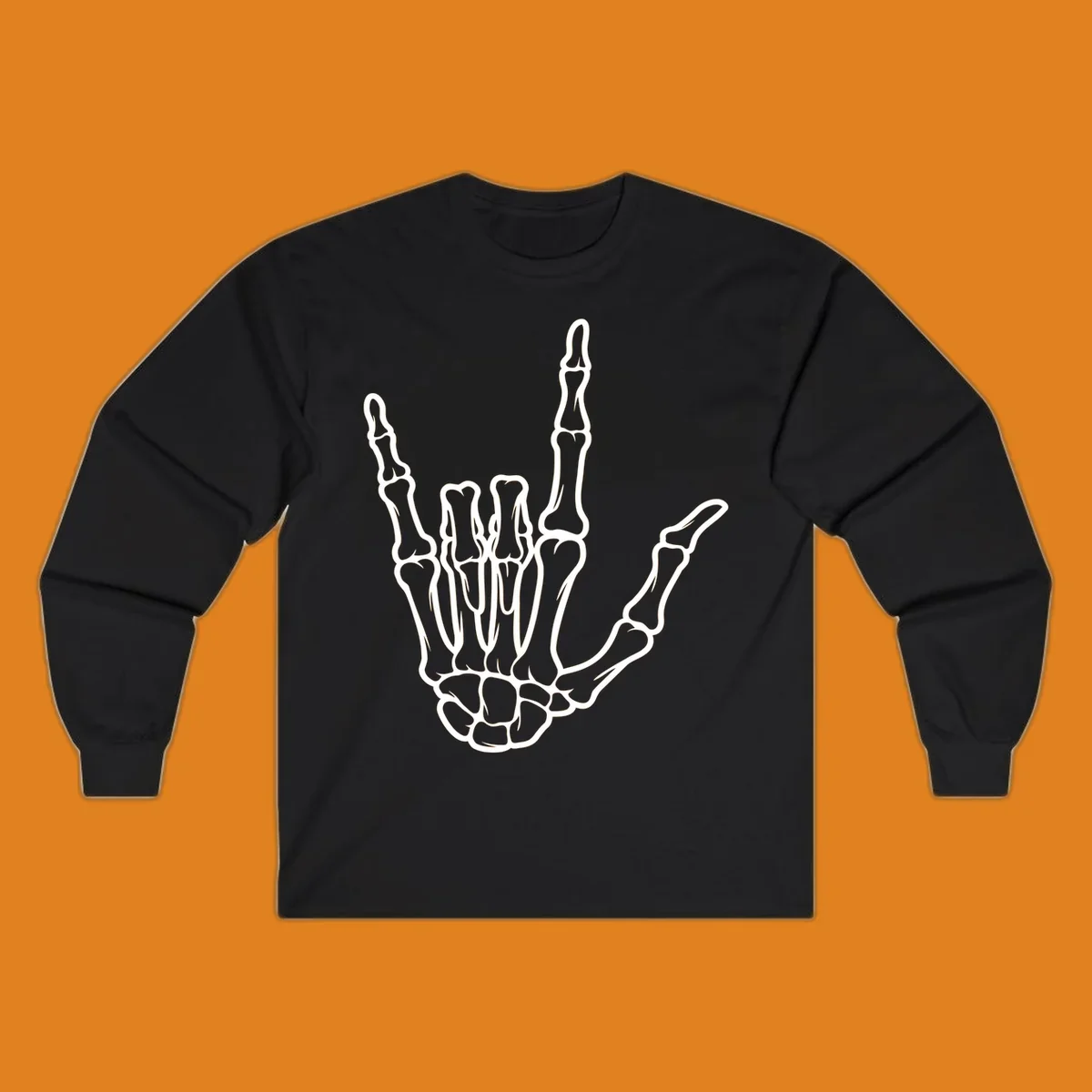 A white skeletal hand making the 'I Love You' sign, showing detailed finger bones and a clear outline. (skeleton-i-love-you-sign)