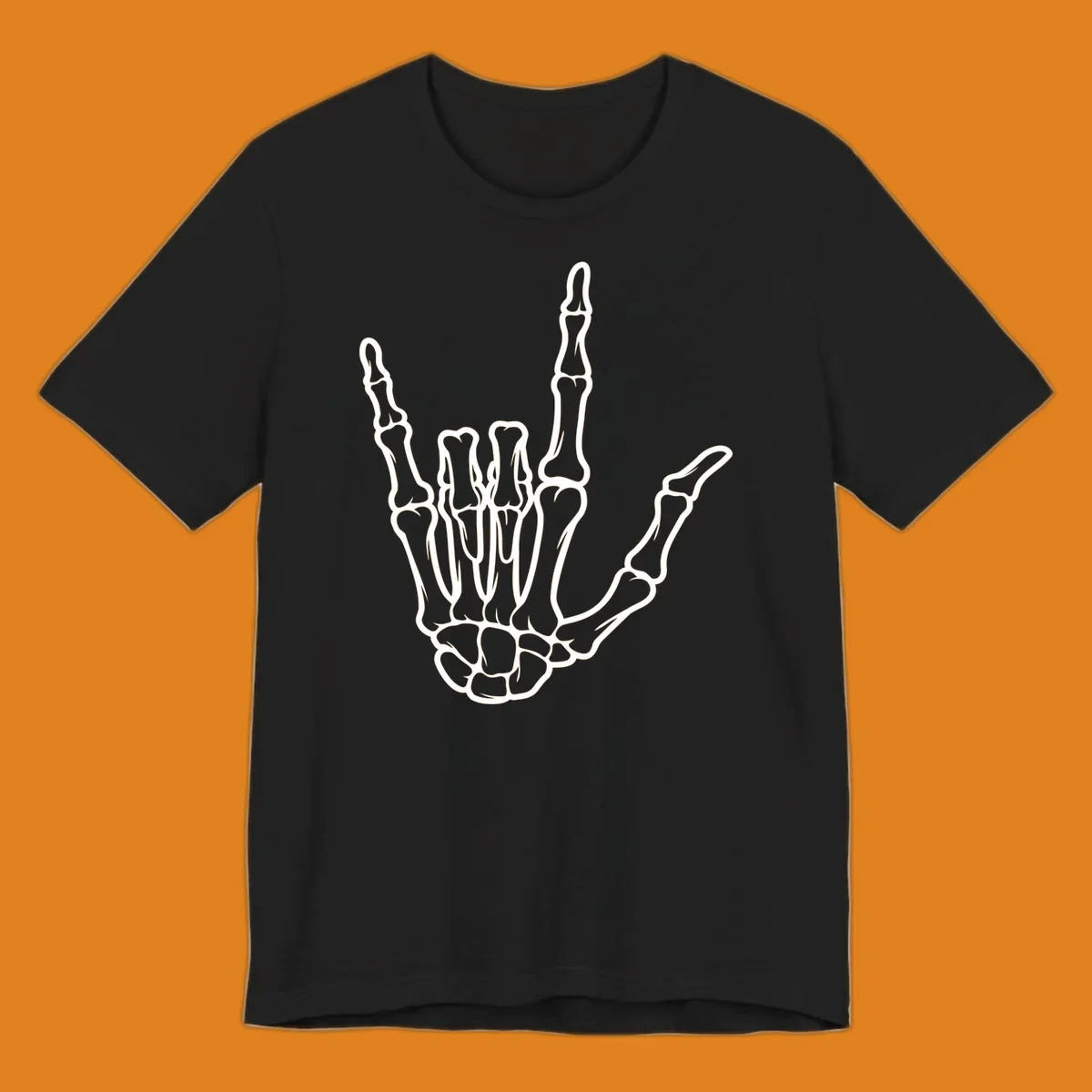 A white skeletal hand making the 'I Love You' sign, showing detailed finger bones and a clear outline. (skeleton-i-love-you-sign)