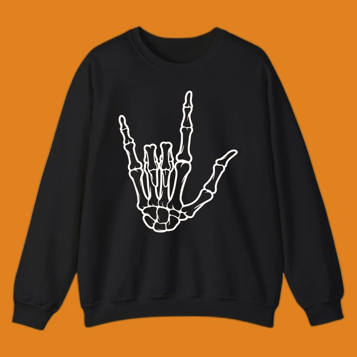 A white skeletal hand making the 'I Love You' sign, showing detailed finger bones and a clear outline. (skeleton-i-love-you-sign)