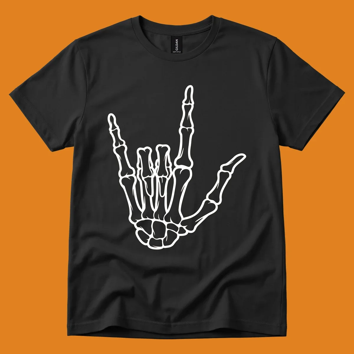 A white skeletal hand making the 'I Love You' sign, showing detailed finger bones and a clear outline. (skeleton-i-love-you-sign)