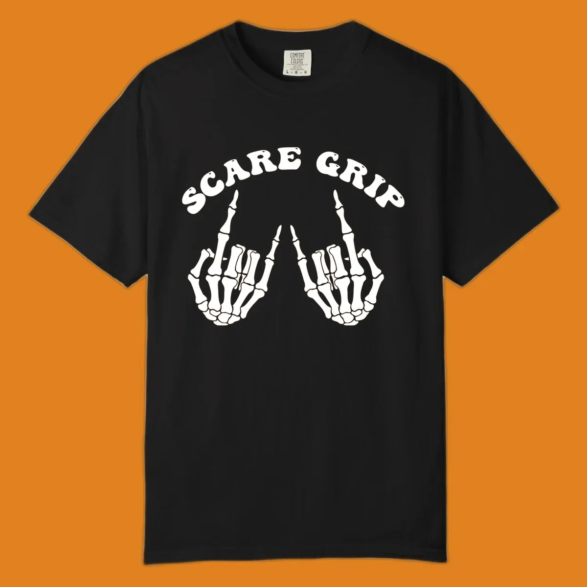 An illustration featuring the text SCARE GRIP arched over two skeleton hands giving the middle finger gesture.