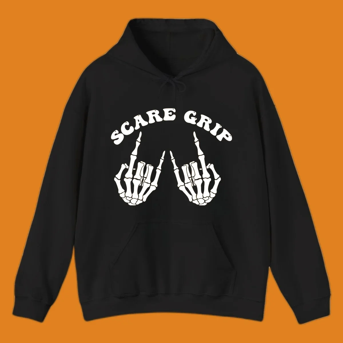 An illustration featuring the text SCARE GRIP arched over two skeleton hands giving the middle finger gesture.