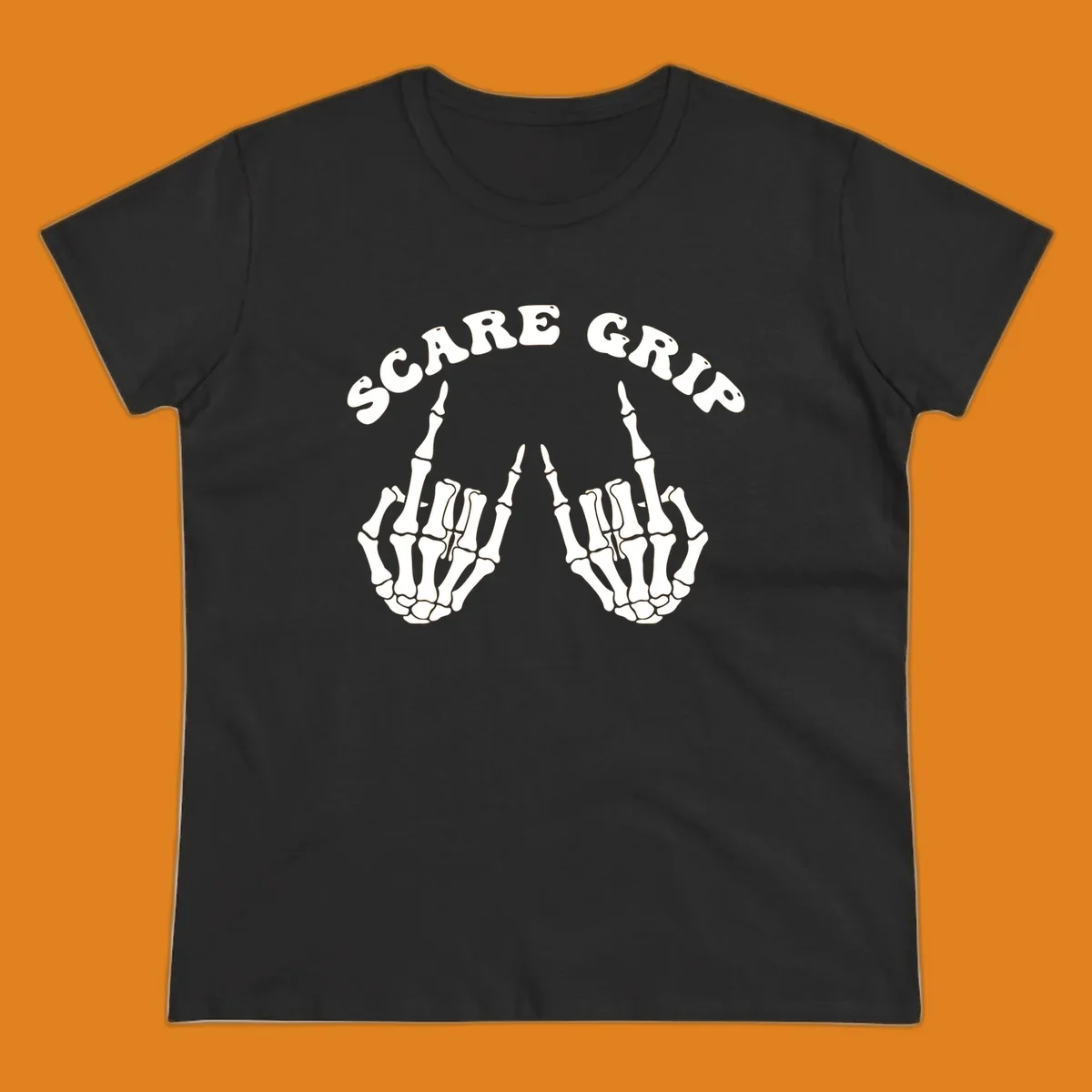 An illustration featuring the text SCARE GRIP arched over two skeleton hands giving the middle finger gesture.