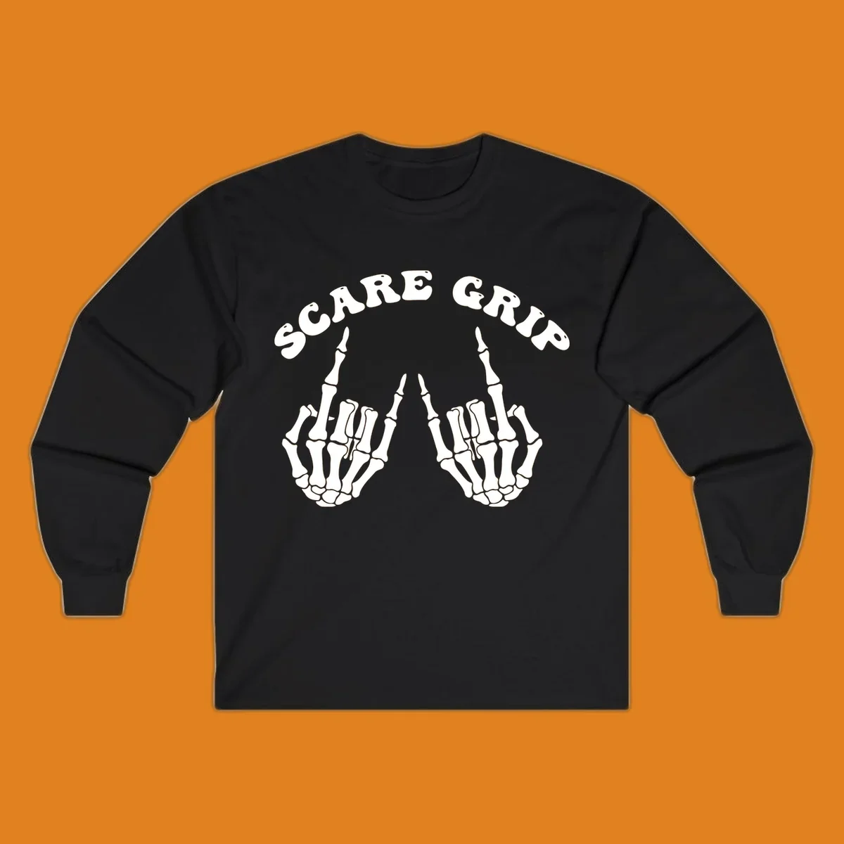 An illustration featuring the text SCARE GRIP arched over two skeleton hands giving the middle finger gesture.
