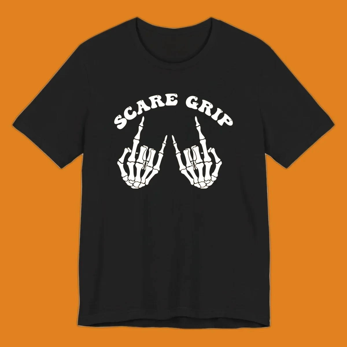 An illustration featuring the text SCARE GRIP arched over two skeleton hands giving the middle finger gesture.