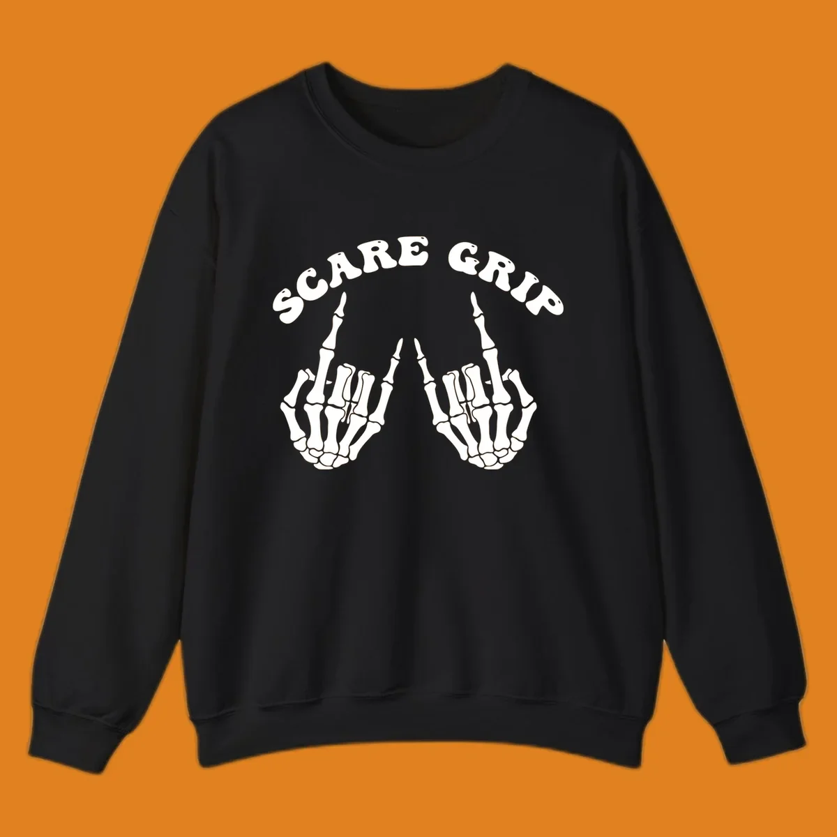 An illustration featuring the text SCARE GRIP arched over two skeleton hands giving the middle finger gesture.