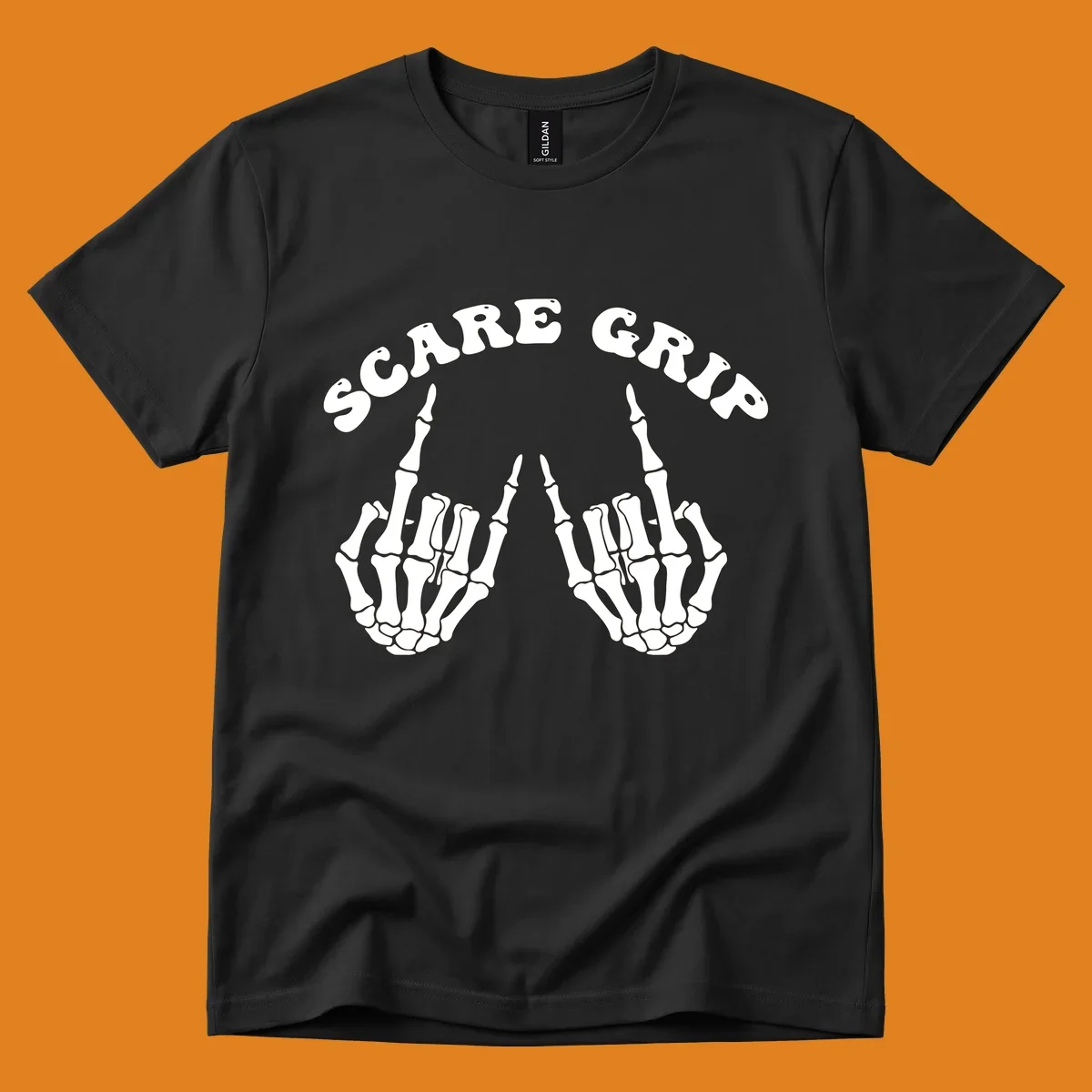 An illustration featuring the text SCARE GRIP arched over two skeleton hands giving the middle finger gesture.