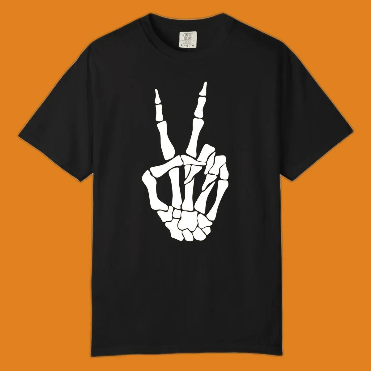 A detailed illustration of a skeletal hand making a peace sign. The bones are clearly visible, embodying the skeleton-peace-sign theme.