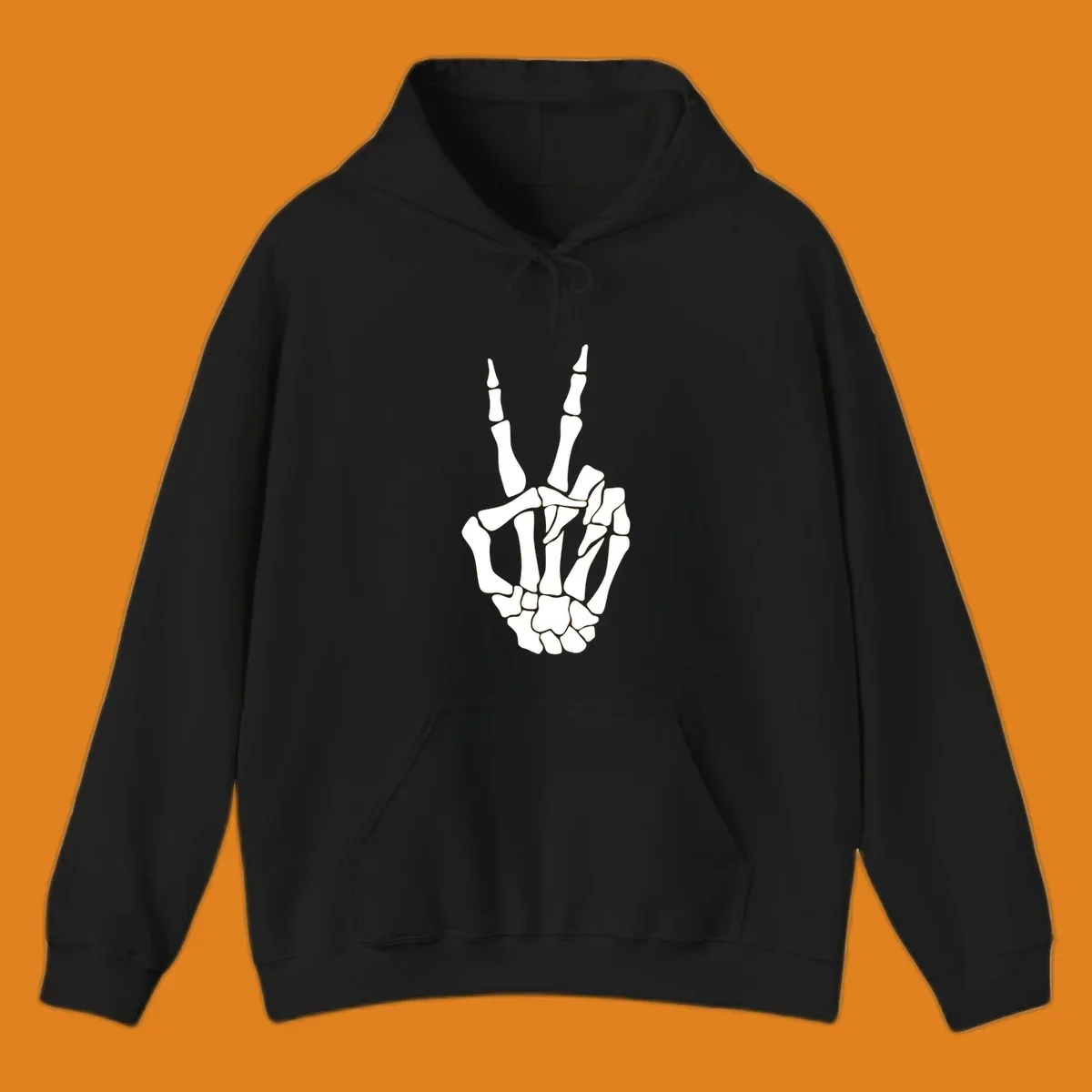 A detailed illustration of a skeletal hand making a peace sign. The bones are clearly visible, embodying the skeleton-peace-sign theme.