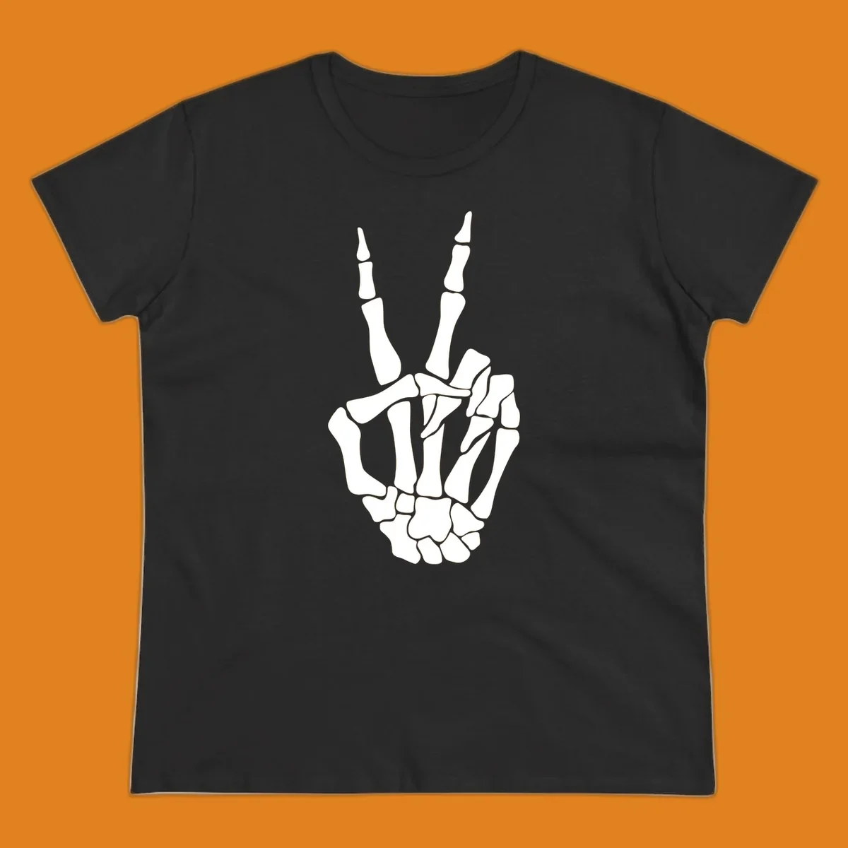 A detailed illustration of a skeletal hand making a peace sign. The bones are clearly visible, embodying the skeleton-peace-sign theme.