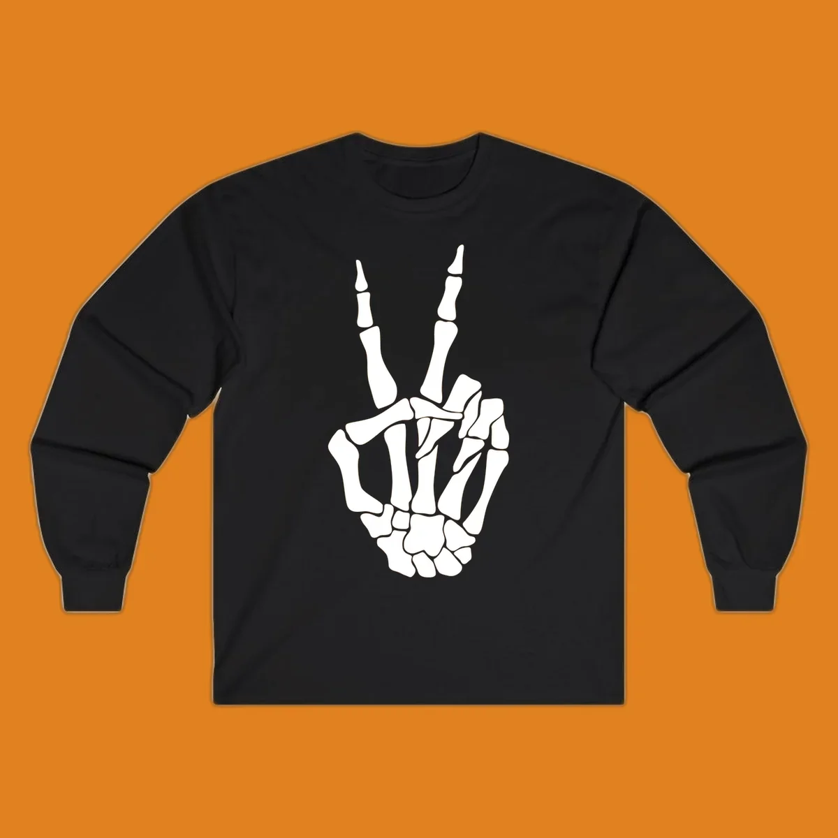 A detailed illustration of a skeletal hand making a peace sign. The bones are clearly visible, embodying the skeleton-peace-sign theme.