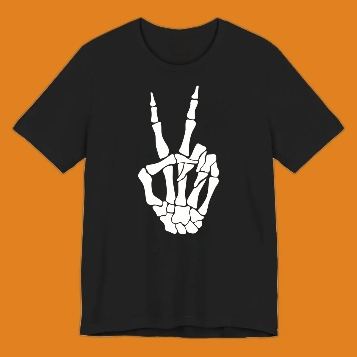 A detailed illustration of a skeletal hand making a peace sign. The bones are clearly visible, embodying the skeleton-peace-sign theme.