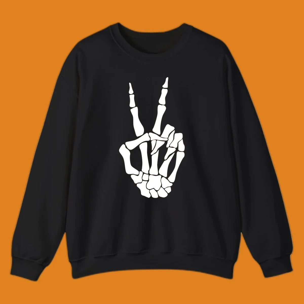 A detailed illustration of a skeletal hand making a peace sign. The bones are clearly visible, embodying the skeleton-peace-sign theme.