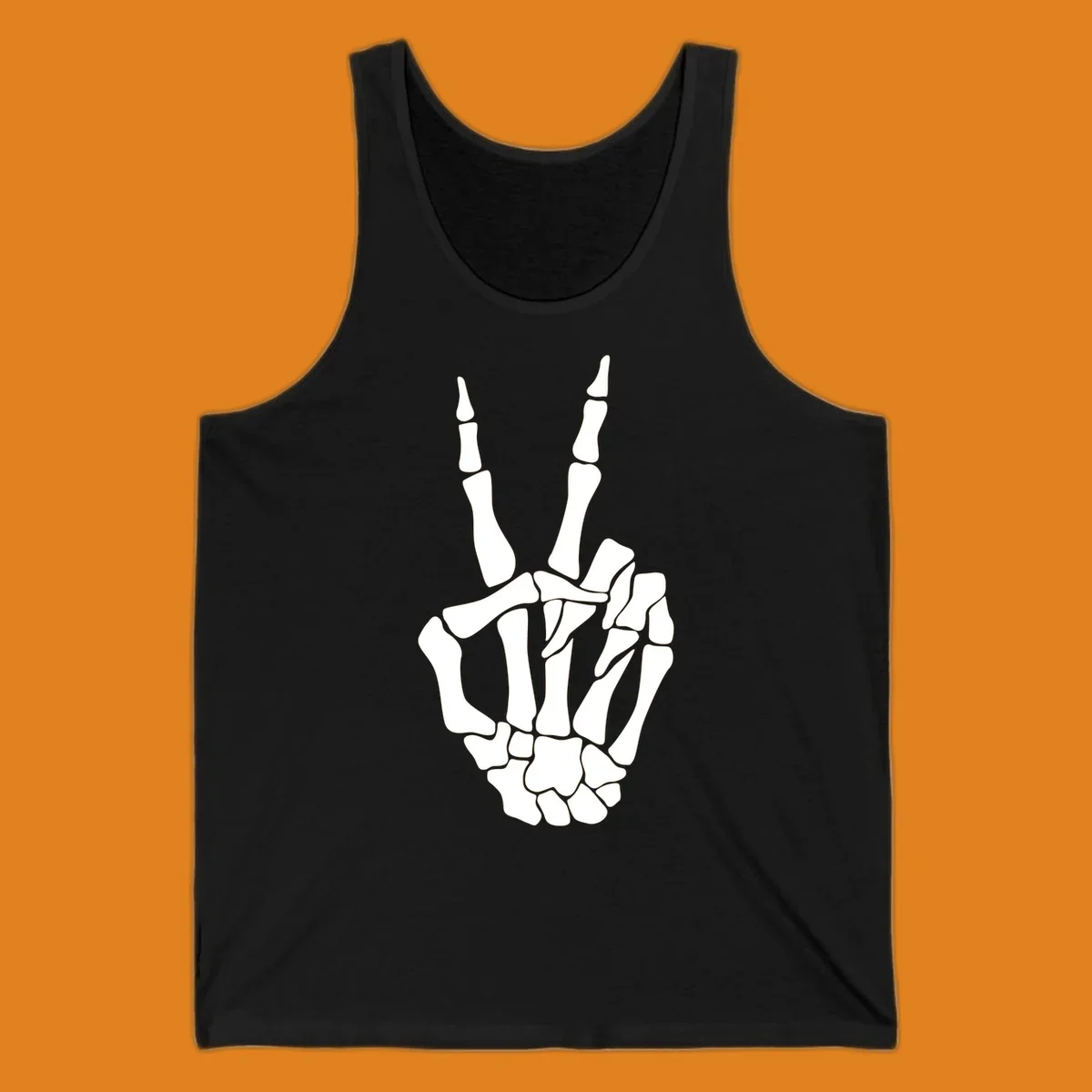 A detailed illustration of a skeletal hand making a peace sign. The bones are clearly visible, embodying the skeleton-peace-sign theme.