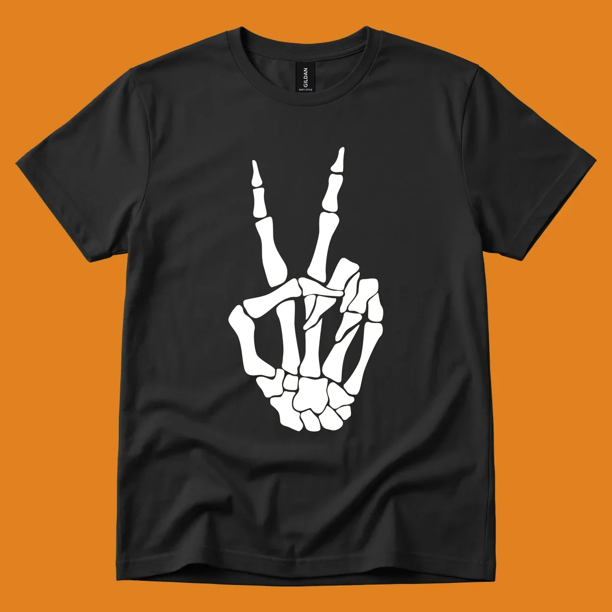 A detailed illustration of a skeletal hand making a peace sign. The bones are clearly visible, embodying the skeleton-peace-sign theme.