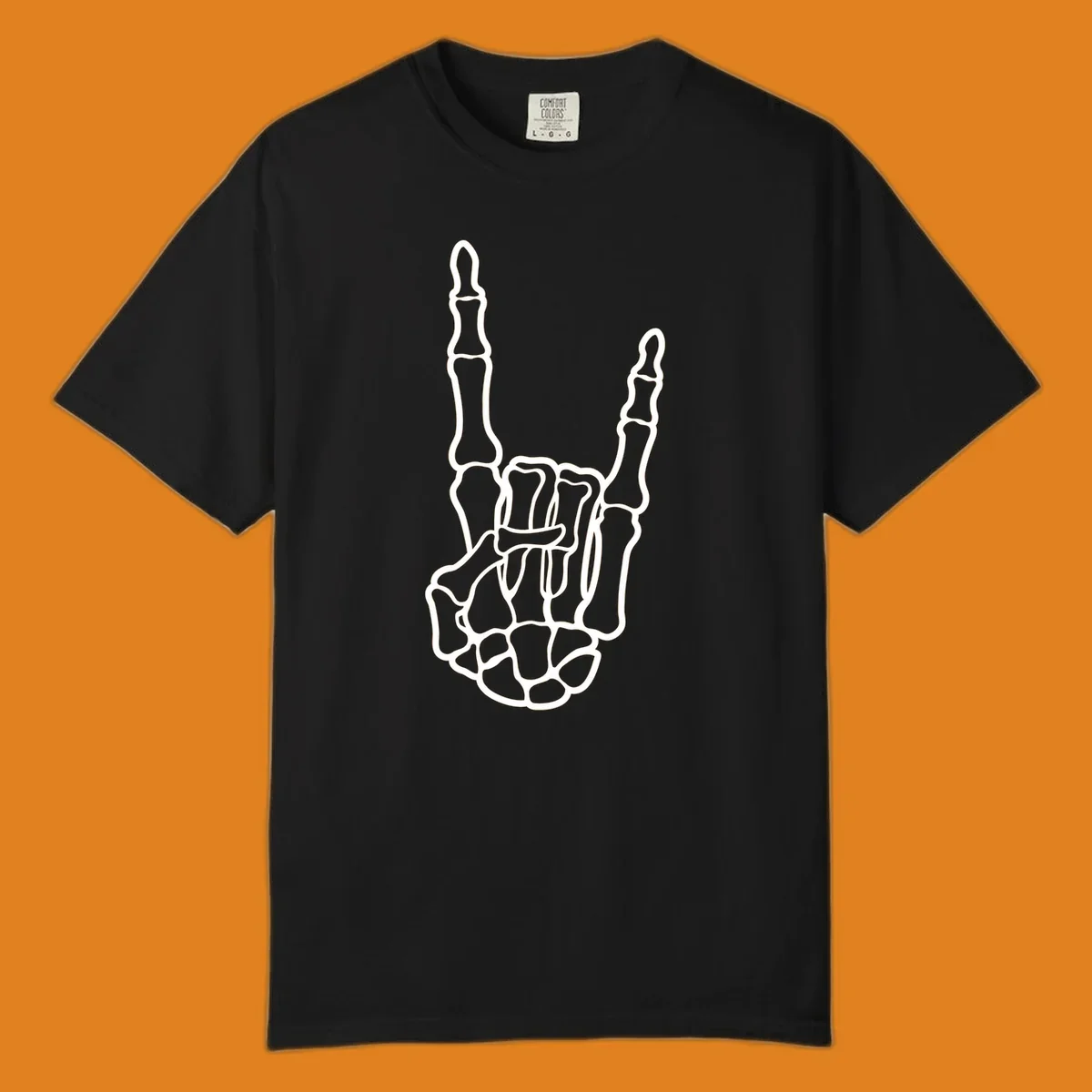 A minimalist illustration of a skeleton hand making the 'devil horns' or 'rock and roll' gesture, emphasizing the bony structure.