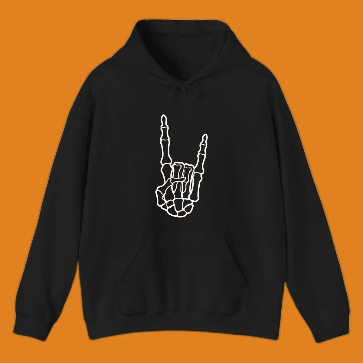 A minimalist illustration of a skeleton hand making the 'devil horns' or 'rock and roll' gesture, emphasizing the bony structure.