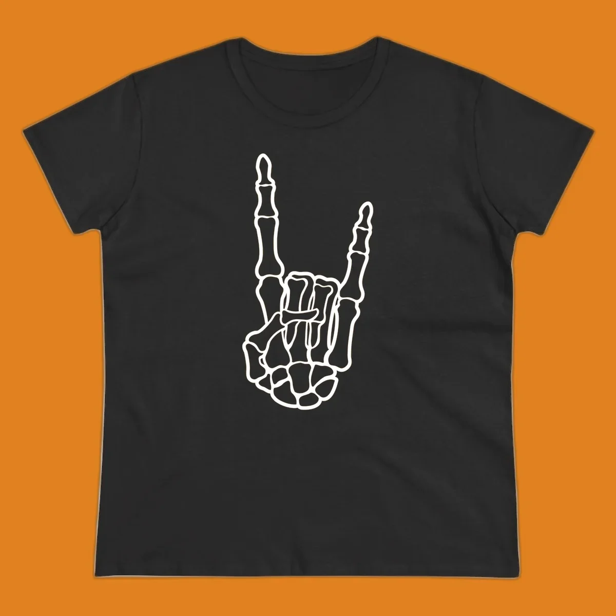A minimalist illustration of a skeleton hand making the 'devil horns' or 'rock and roll' gesture, emphasizing the bony structure.