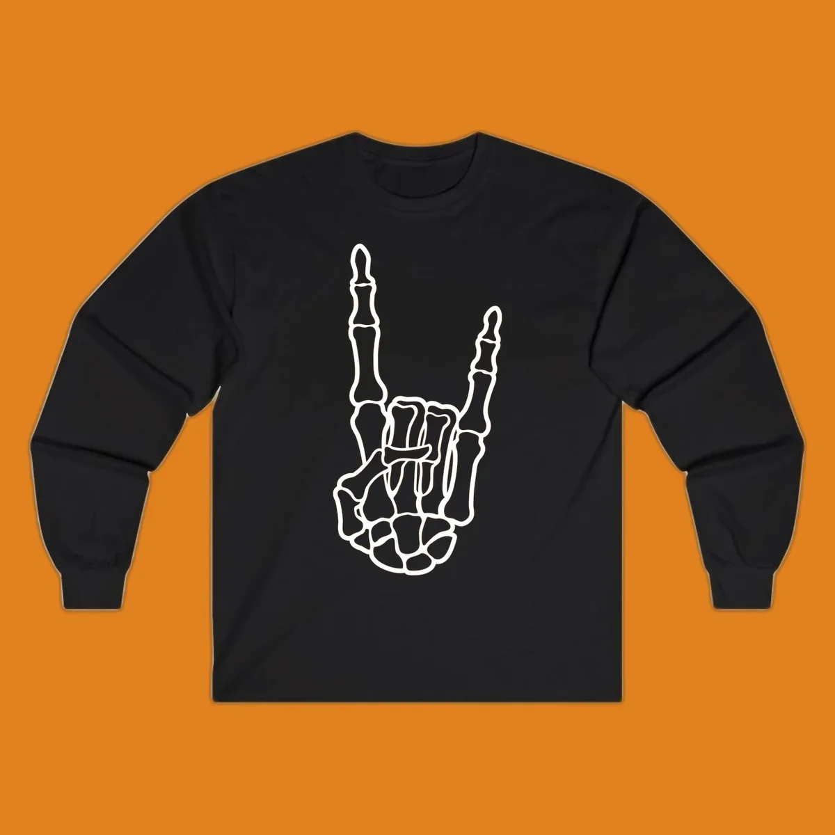 A minimalist illustration of a skeleton hand making the 'devil horns' or 'rock and roll' gesture, emphasizing the bony structure.