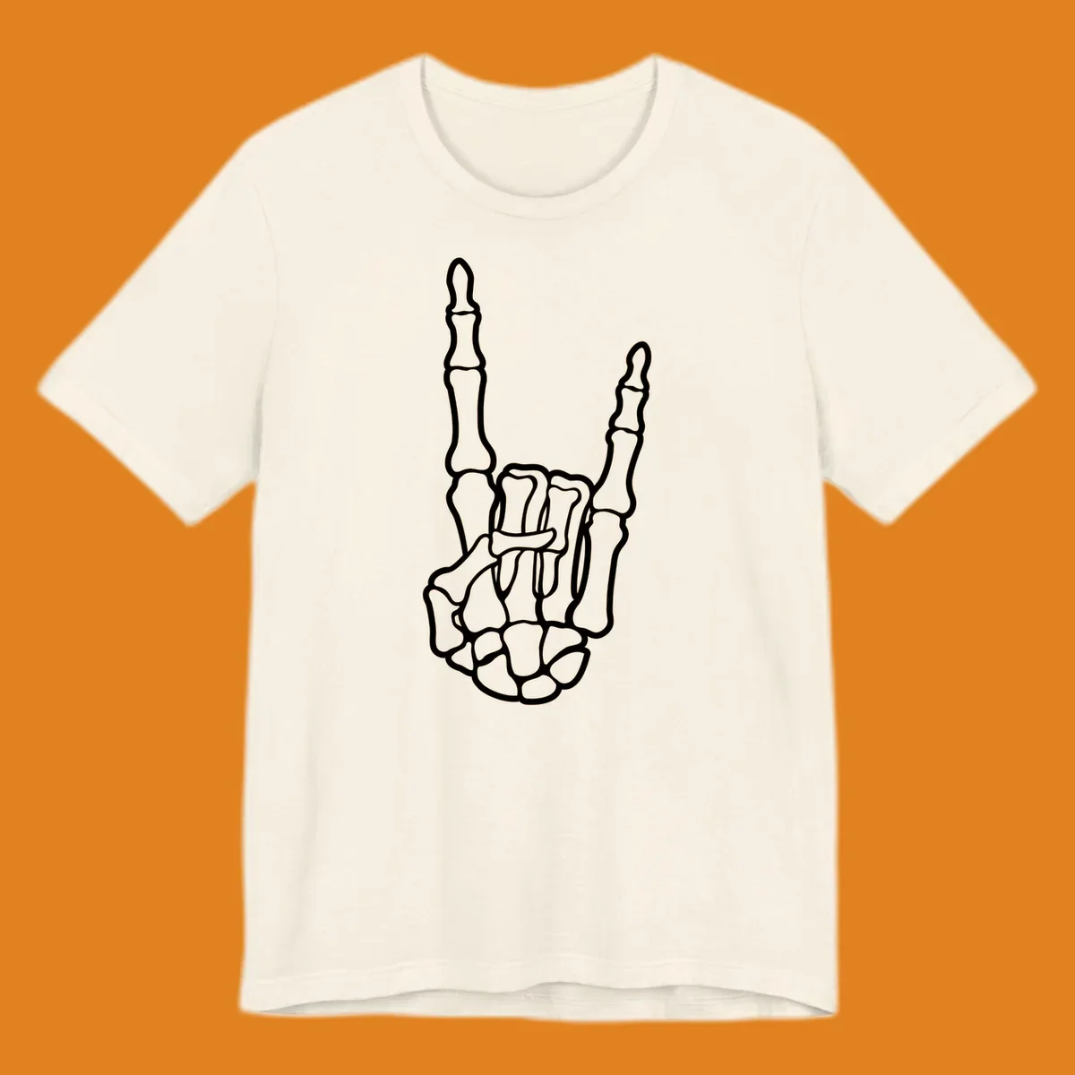 A minimalist illustration of a skeleton hand making the 'devil horns' or 'rock and roll' gesture, emphasizing the bony structure.