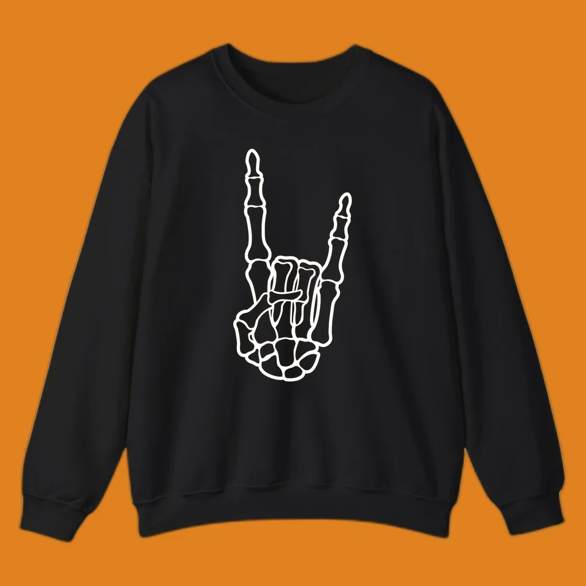 A minimalist illustration of a skeleton hand making the 'devil horns' or 'rock and roll' gesture, emphasizing the bony structure.