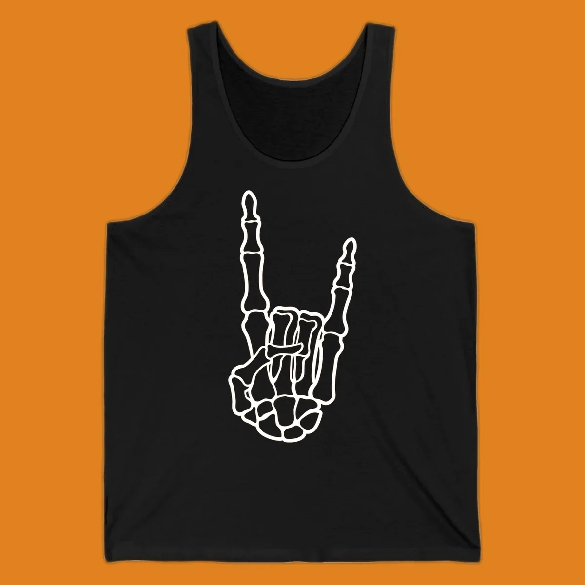 A minimalist illustration of a skeleton hand making the 'devil horns' or 'rock and roll' gesture, emphasizing the bony structure.