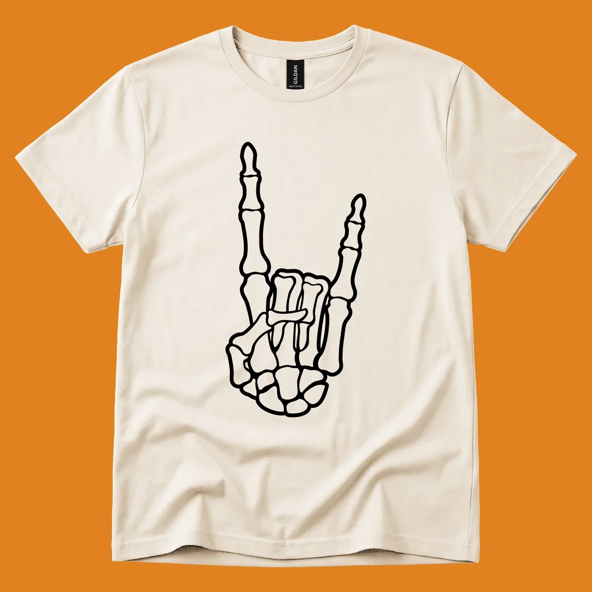 A minimalist illustration of a skeleton hand making the 'devil horns' or 'rock and roll' gesture, emphasizing the bony structure.