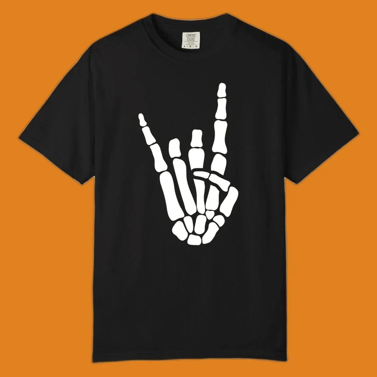 An illustration of a skeleton hand making the rock-on-skeleton-gesture, with index and pinky fingers extended.