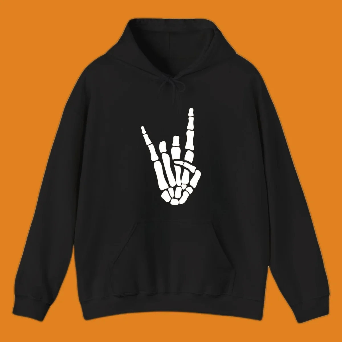 An illustration of a skeleton hand making the rock-on-skeleton-gesture, with index and pinky fingers extended.