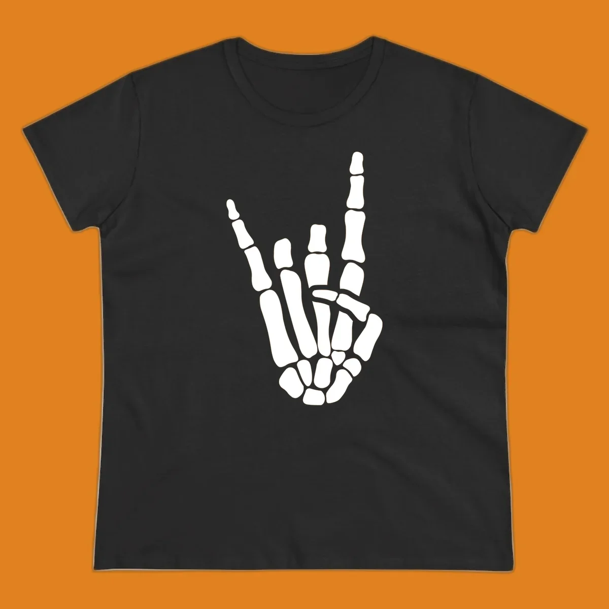 An illustration of a skeleton hand making the rock-on-skeleton-gesture, with index and pinky fingers extended.