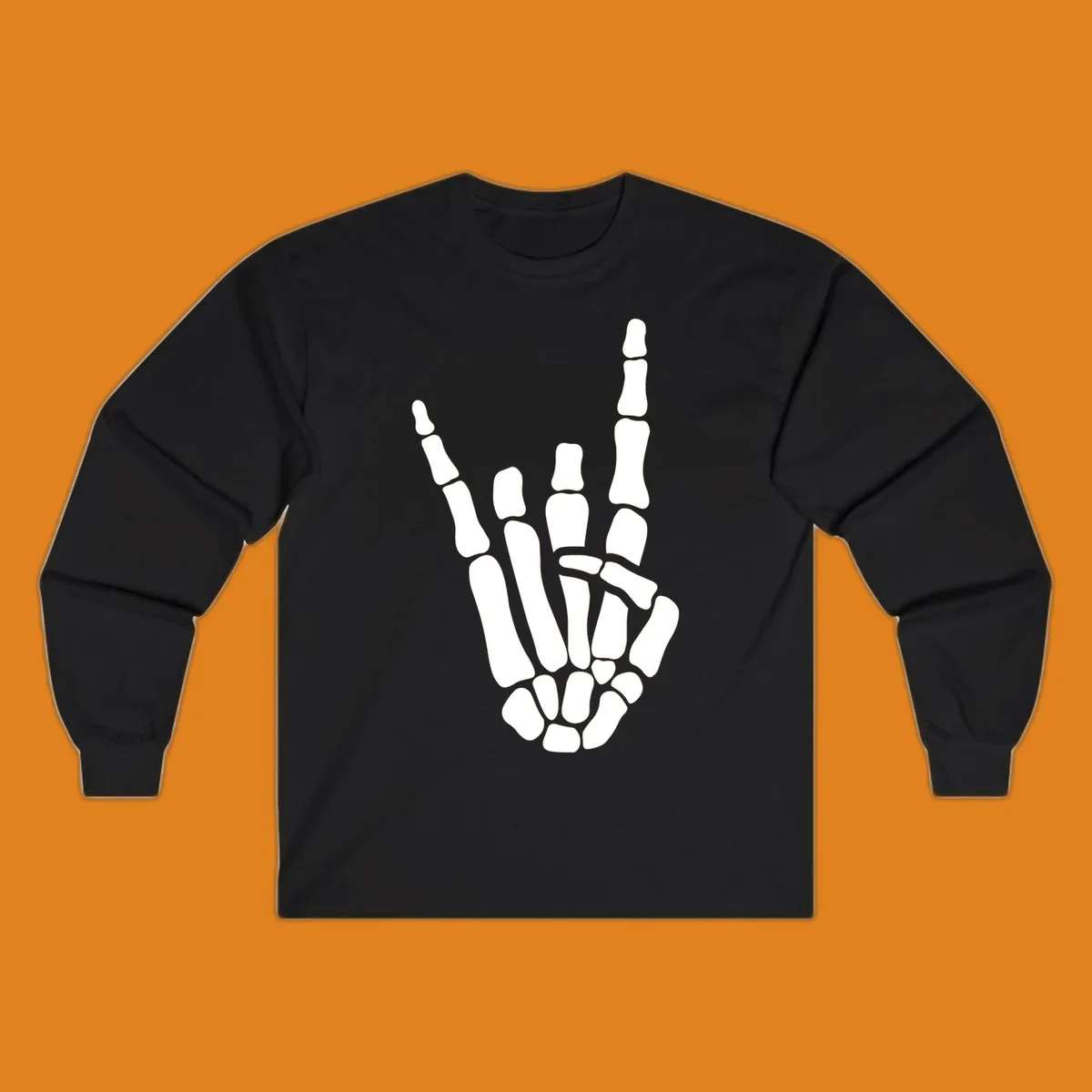 An illustration of a skeleton hand making the rock-on-skeleton-gesture, with index and pinky fingers extended.