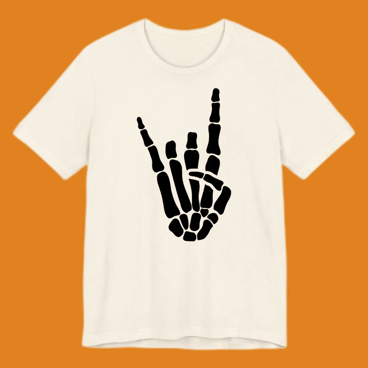 An illustration of a skeleton hand making the rock-on-skeleton-gesture, with index and pinky fingers extended.