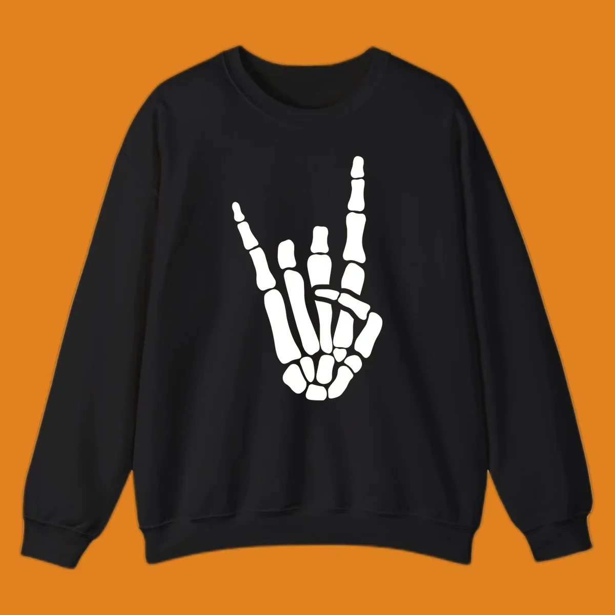 An illustration of a skeleton hand making the rock-on-skeleton-gesture, with index and pinky fingers extended.