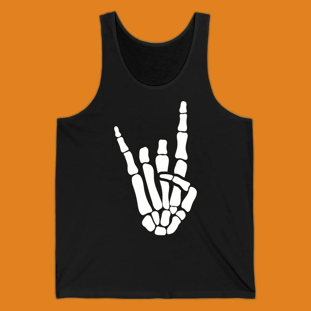 An illustration of a skeleton hand making the rock-on-skeleton-gesture, with index and pinky fingers extended.