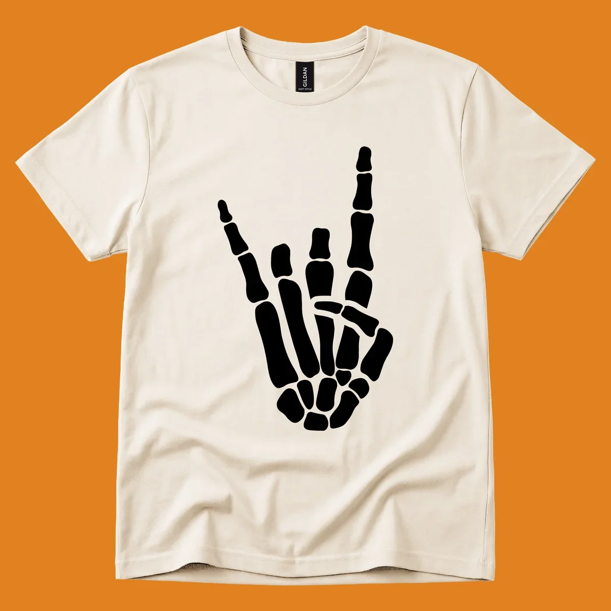 An illustration of a skeleton hand making the rock-on-skeleton-gesture, with index and pinky fingers extended.