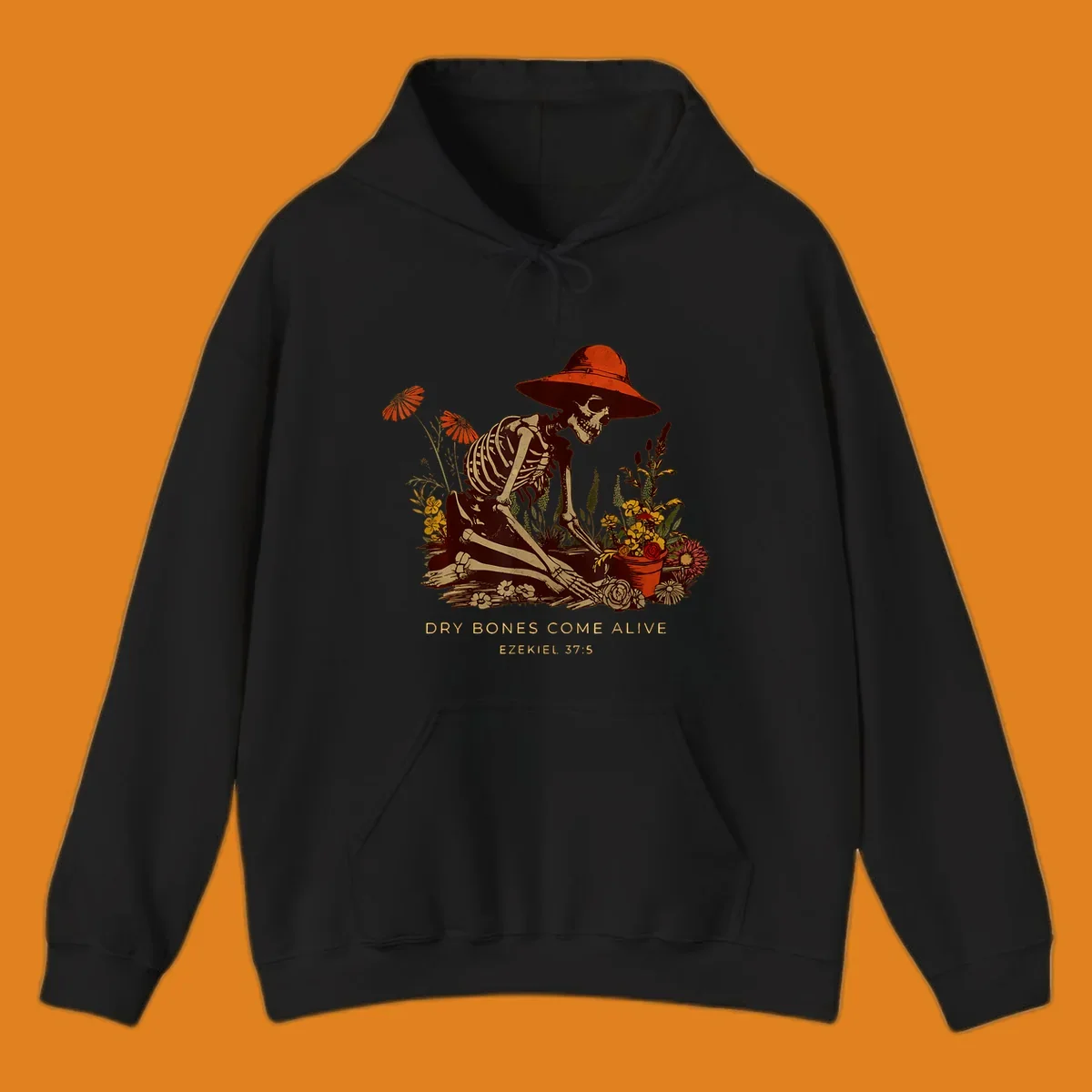 Skeleton gardener with hat tending flowers, text 'Dry Bones Come Alive', symbolizing resurrection.