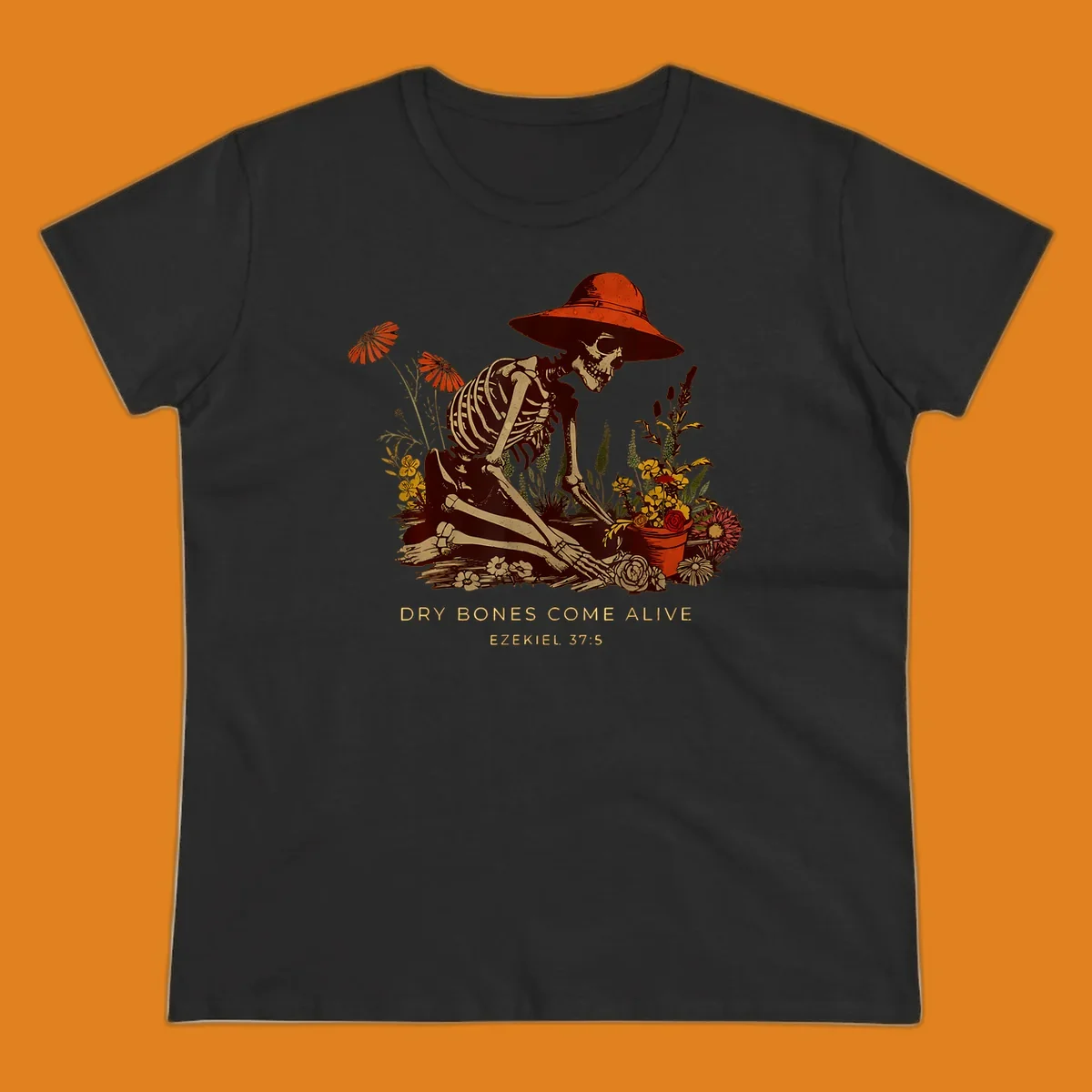 Skeleton gardener with hat tending flowers, text 'Dry Bones Come Alive', symbolizing resurrection.