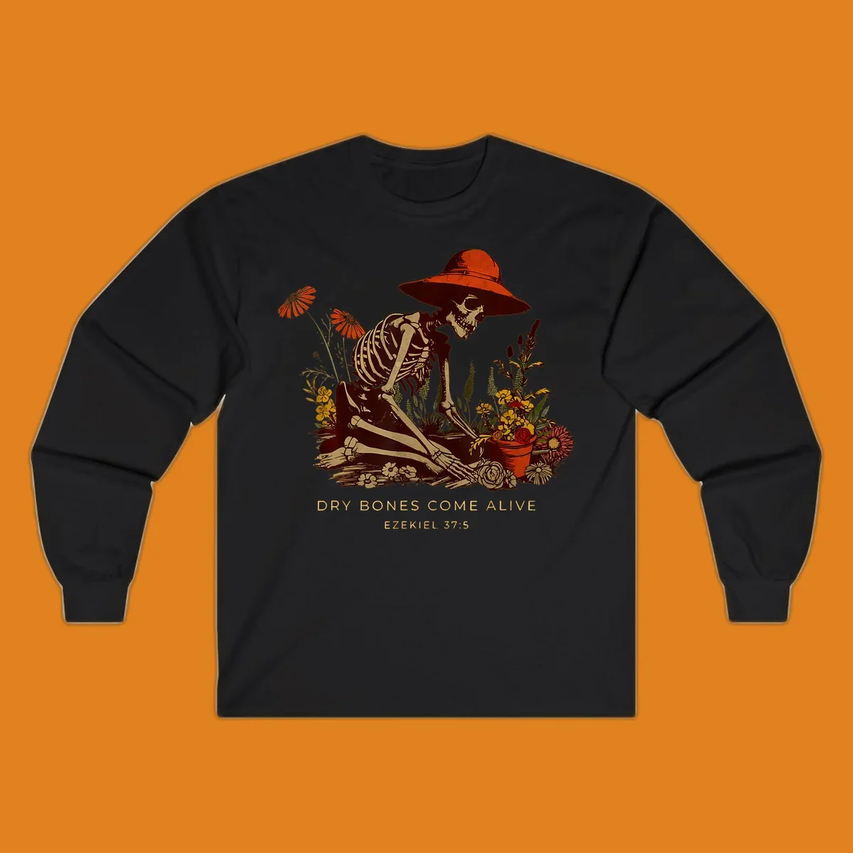Skeleton gardener with hat tending flowers, text 'Dry Bones Come Alive', symbolizing resurrection.