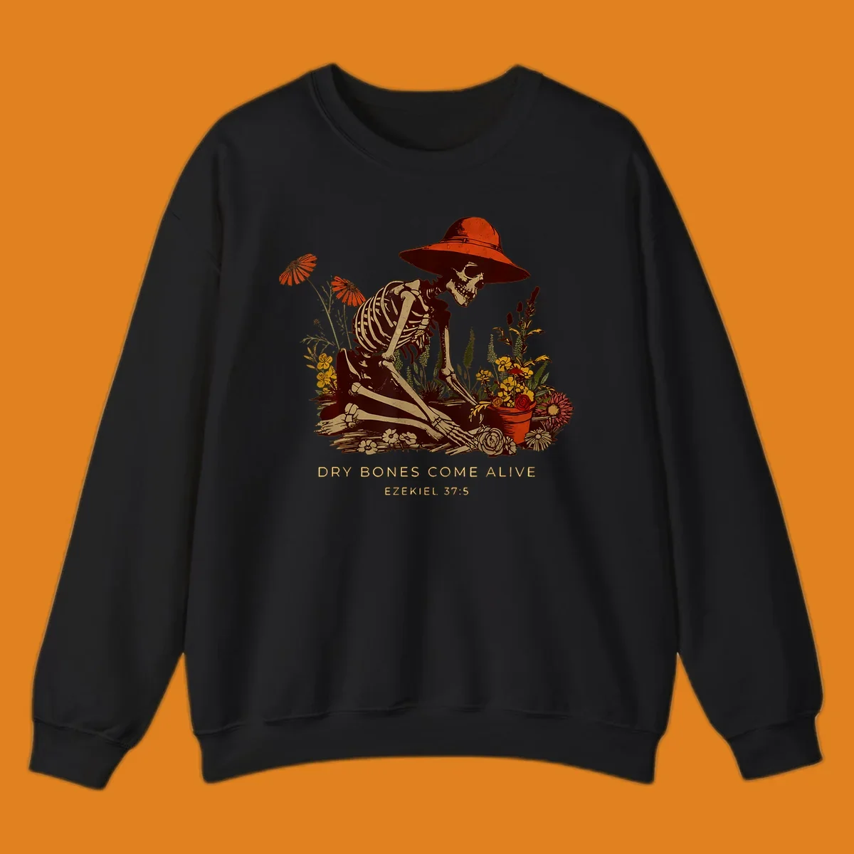 Skeleton gardener with hat tending flowers, text 'Dry Bones Come Alive', symbolizing resurrection.