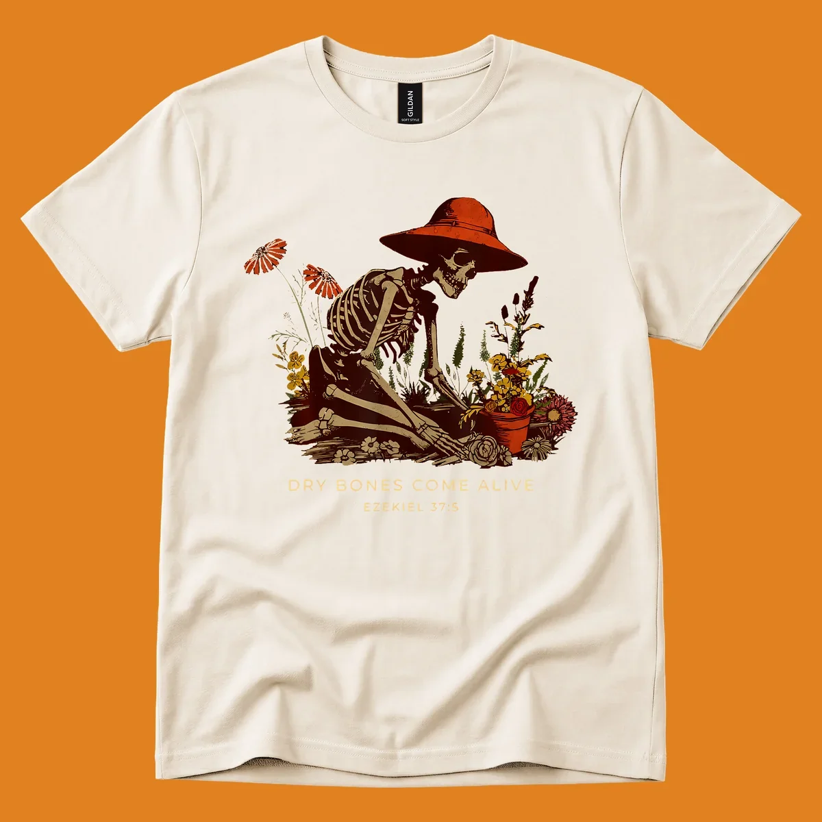 Skeleton gardener with hat tending flowers, text 'Dry Bones Come Alive', symbolizing resurrection.
