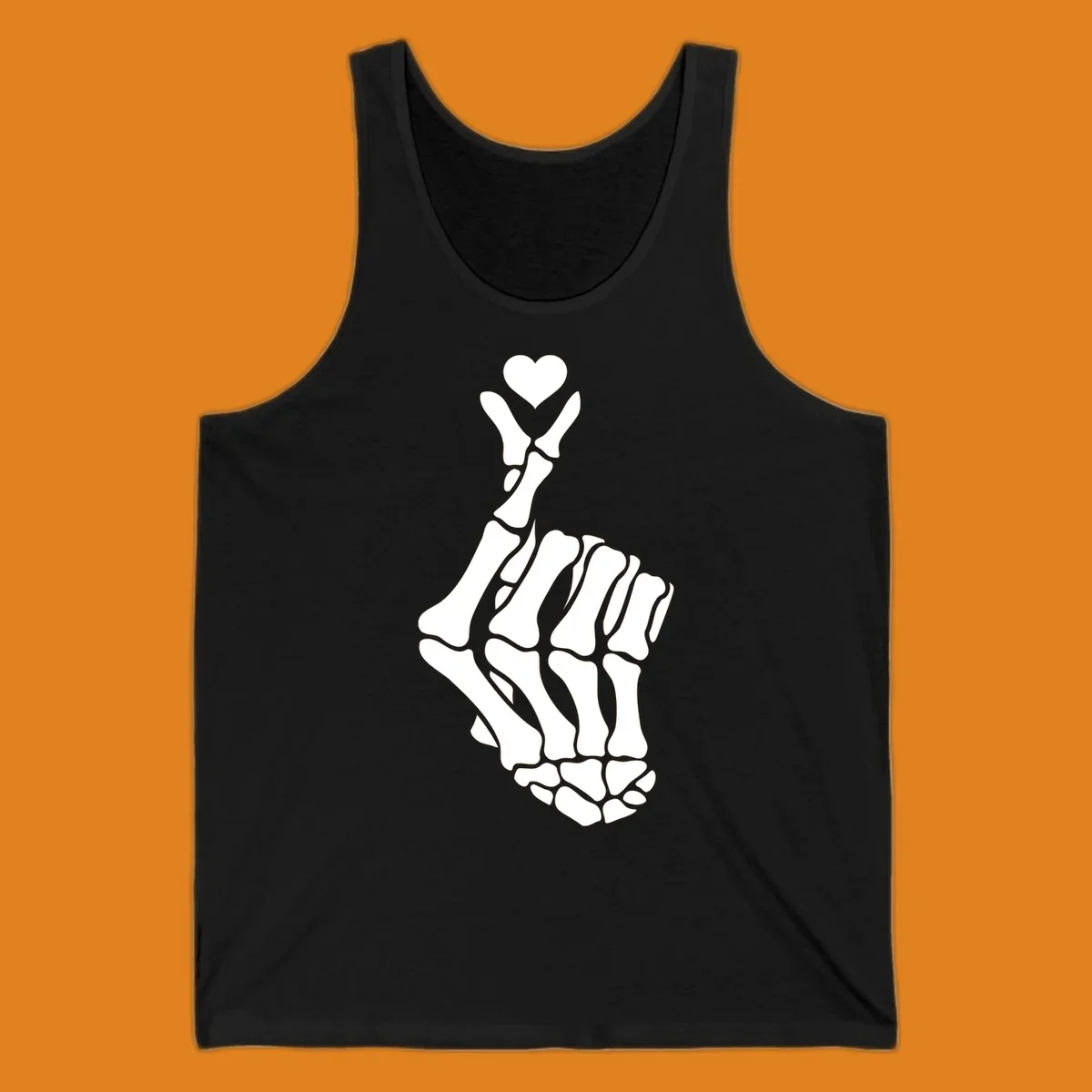A white skeleton hand forms the Korean finger heart gesture, with a small heart shape at the fingertips. Concept: skeleton-finger-heart.