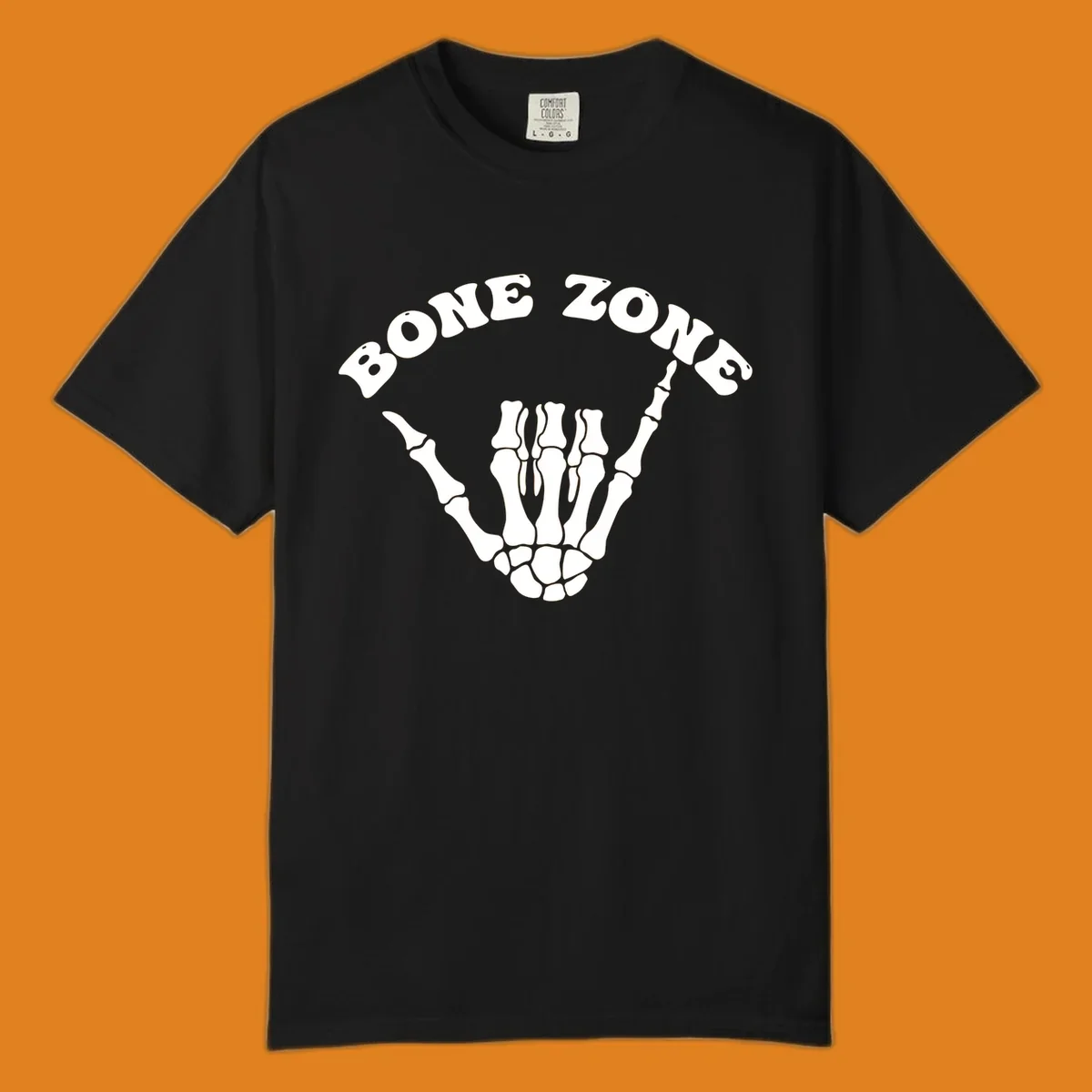 A white skeleton hand making a shaka sign with the arched text BONE ZONE above it, representing the bone-zone-shaka-skeleton concept.