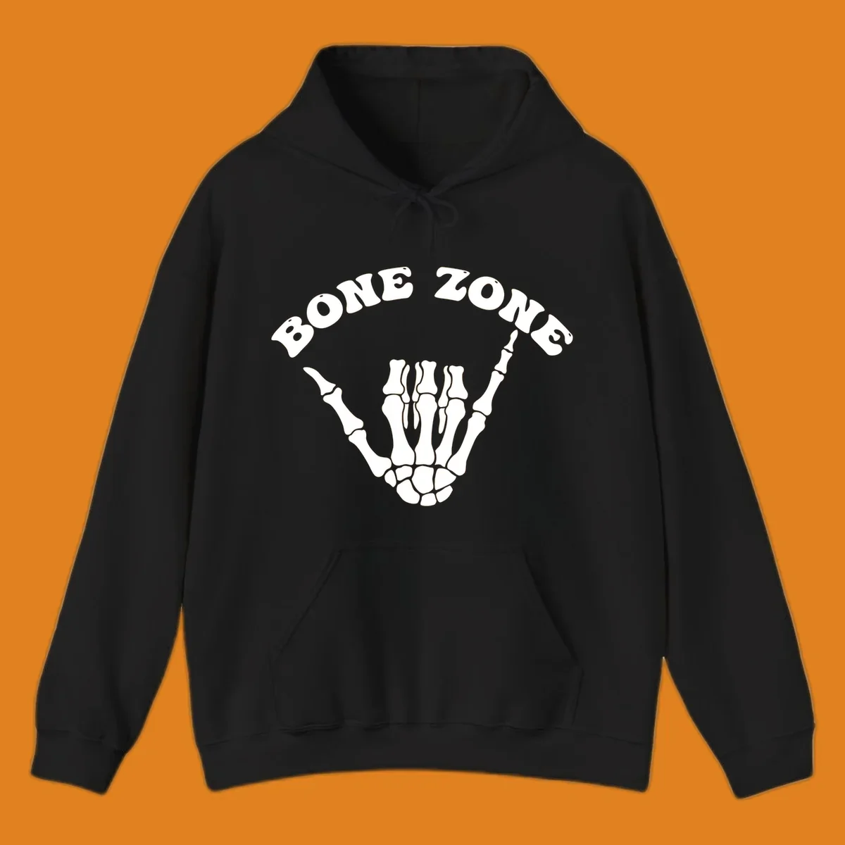 A white skeleton hand making a shaka sign with the arched text BONE ZONE above it, representing the bone-zone-shaka-skeleton concept.