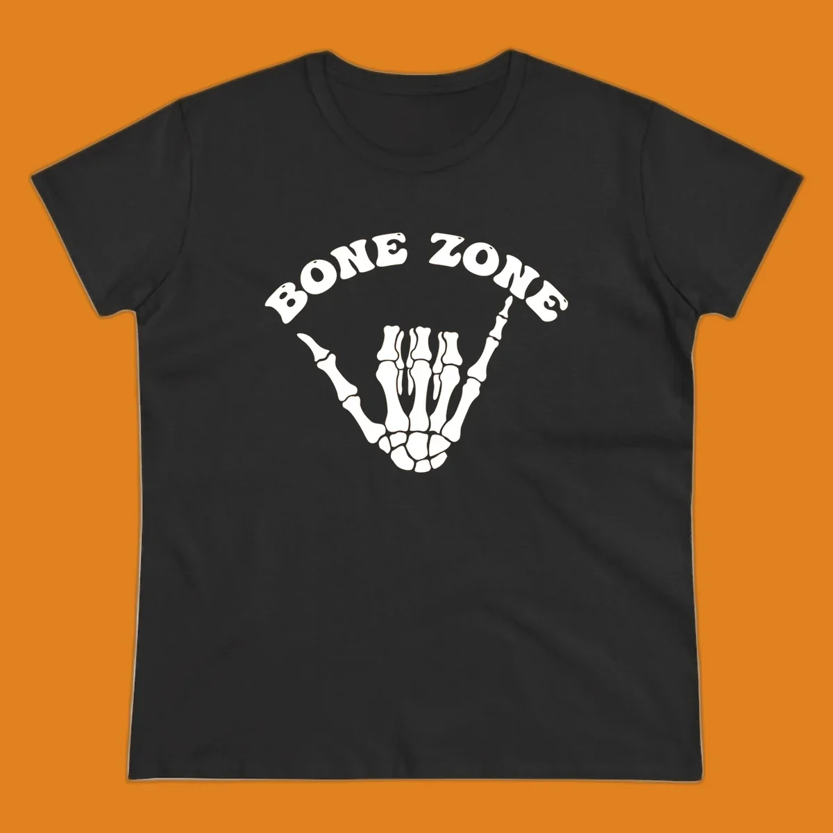 A white skeleton hand making a shaka sign with the arched text BONE ZONE above it, representing the bone-zone-shaka-skeleton concept.