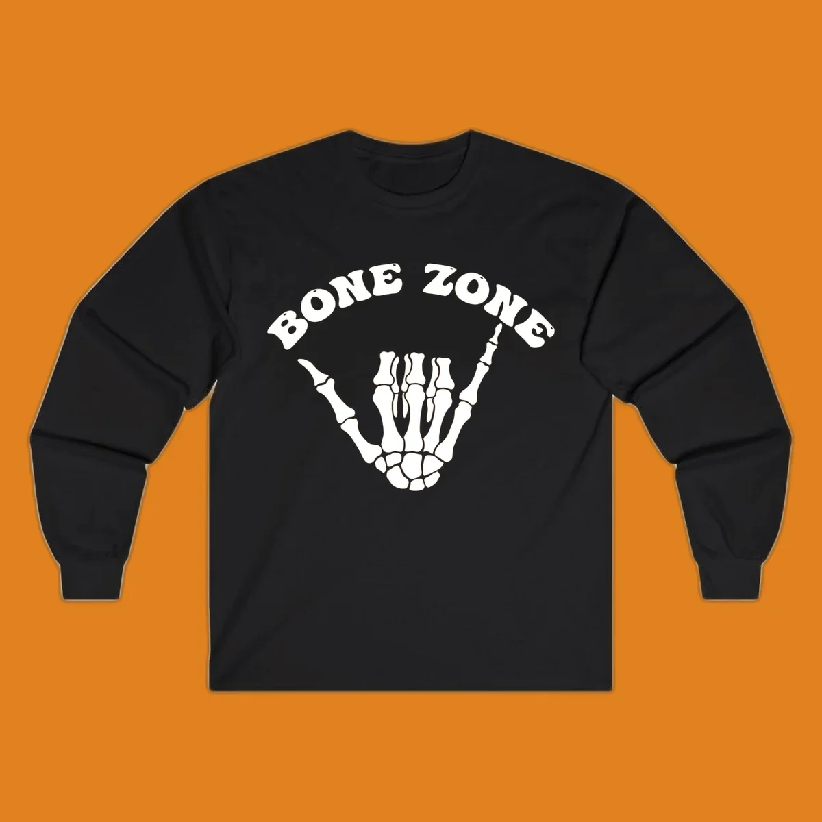 A white skeleton hand making a shaka sign with the arched text BONE ZONE above it, representing the bone-zone-shaka-skeleton concept.