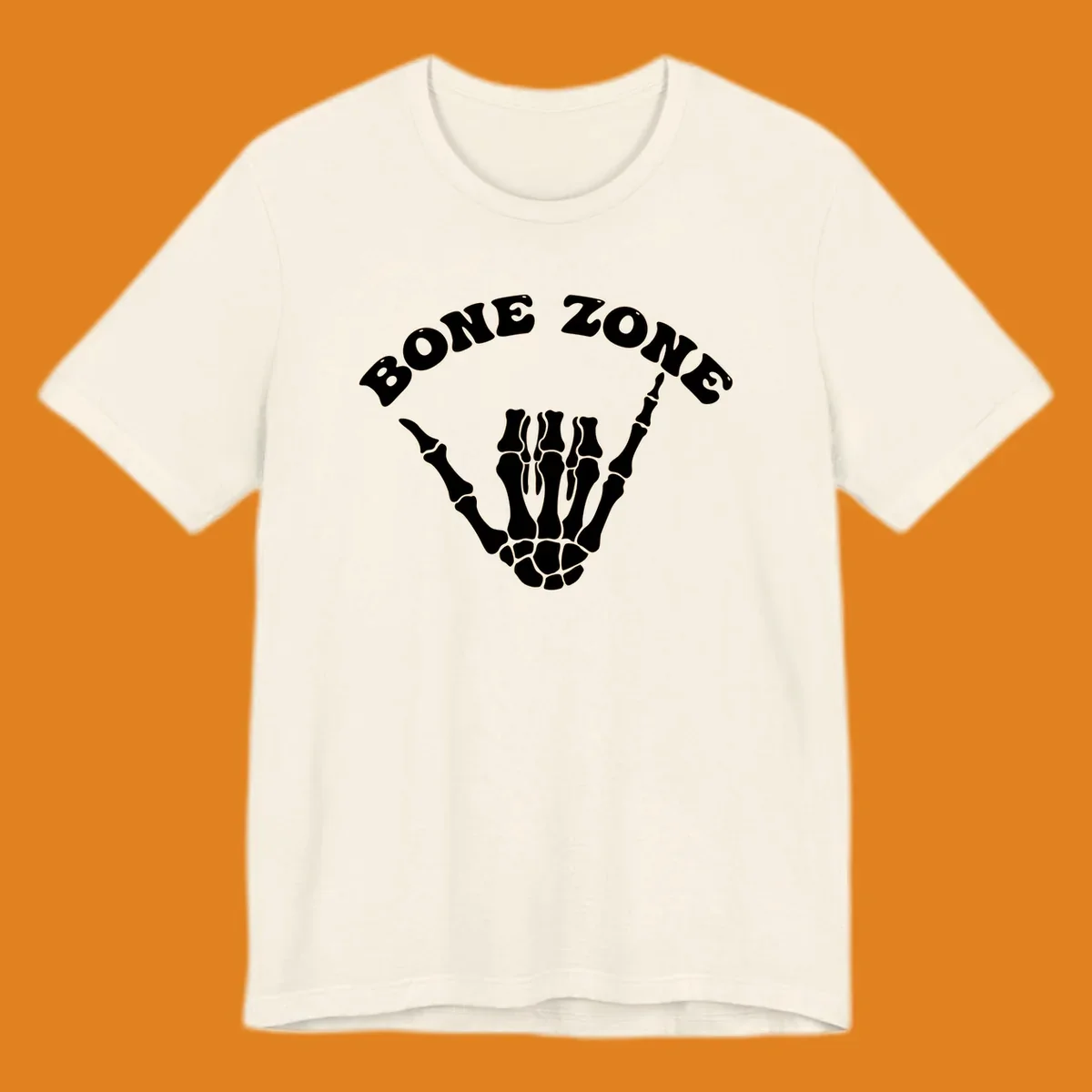 A white skeleton hand making a shaka sign with the arched text BONE ZONE above it, representing the bone-zone-shaka-skeleton concept.